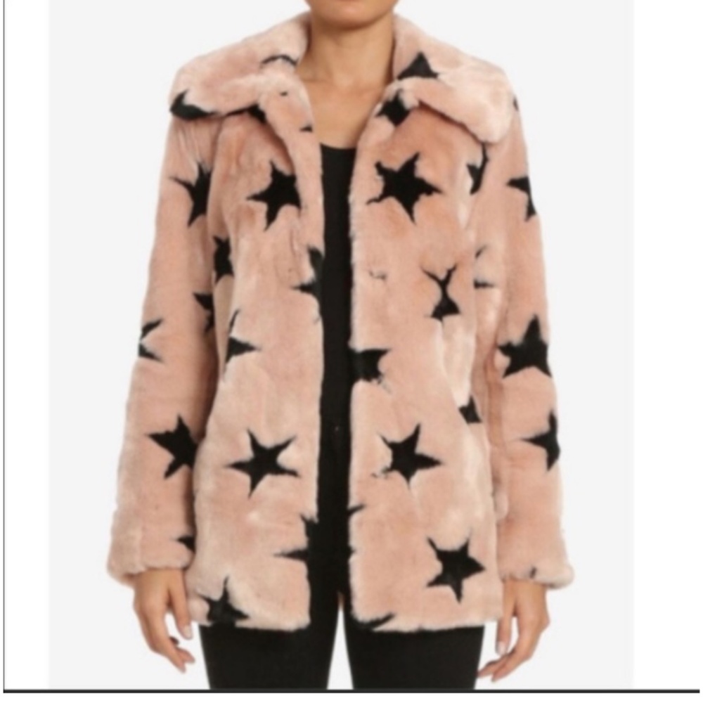 Pink Faux Fur Coat with Black Stars